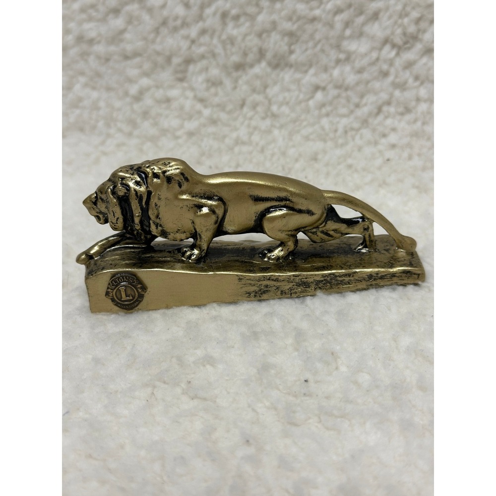 Lions Club International Lion Figurine Gold Tone Stalking Animal Statue 4.5" Vtg